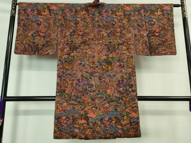 平和屋着物■極上　道中着　お召地　ロング丈　花鳥舞蝶文　逸品　DZAA7604kh5 平和屋着物□極上 道中着 お召地 ロング丈 花鳥舞蝶文 逸品