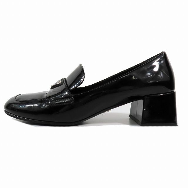 美品 プラダ 三角ロゴ パテント レザー ローファー パンプス チャンキーヒール プラダ PRADA エナメル パテント ローファー トライアングルロゴ