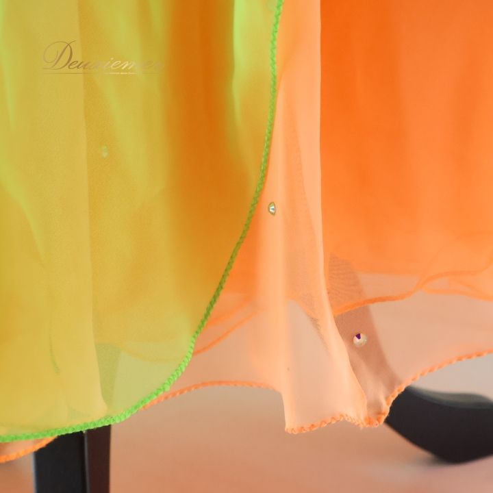 社交ダンス 衣装 白樺ドレス ドレス ドレス ワンピース フロート デモ 競技 ダンス パーティ 発表会 黄緑 オレンジ 蛍光 レース グリーン系 オレンジ系 フロア映え ドレスアップ 感 コスチューム ステージ衣装