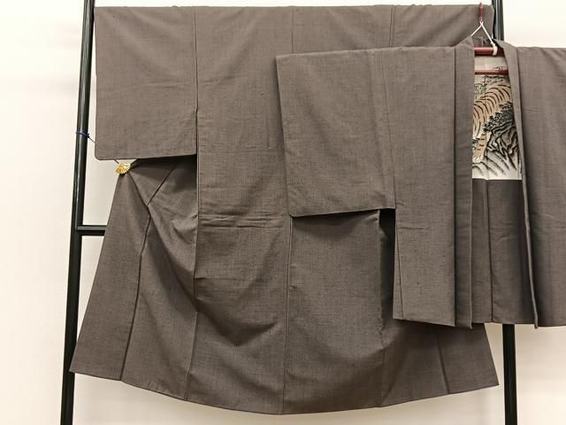 平和屋着物●男性 紬 アンサンブル 絣文様 羽裏 虎 正絹 BAAT0832yc