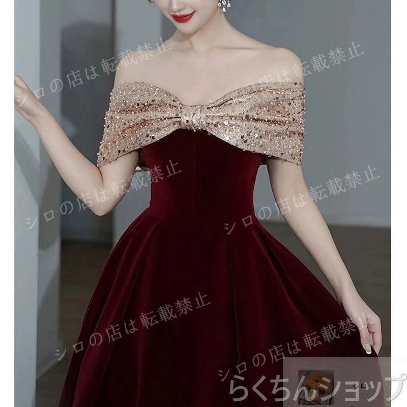 ♥ 2025 カラードレス パーティードレス Aライン 赤 レッド オフショルダー ベルベット ゴールド袖 演奏会 発表会 ウェディ