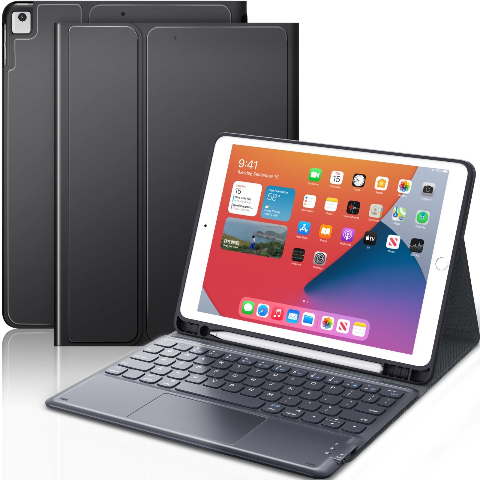 ケースiPad7世代キーボード 2021|2020|2019モデル キーボード BTキーボードカバー キーボード 脱着式 キーボード 多角度調整 10.2 傷つけ防止 ipad 耐久性 タッチパッド付き ペンシルホルダー付き ケース ス