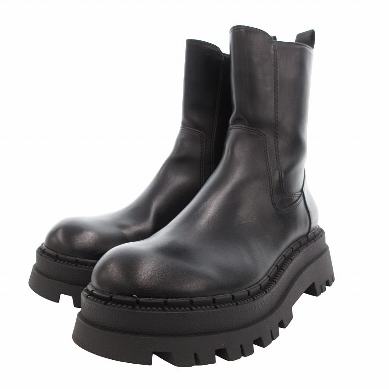 ザラ ZARA トラックソール ショートブーツ レザー サイドジップ 24.0cm 