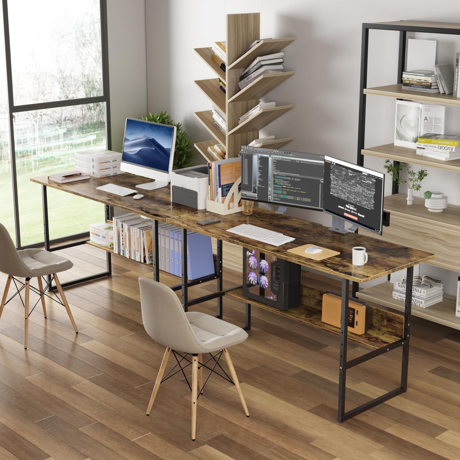 プレゼント付き オフィス アジャスター付き ワーク 収納つきデスク 広いpc シンプル 勉強 耐荷重65kg 勉強机 pcデスク 木製 テレワーク用 シンプル 収納ラック付き 木目柄 デスク メラミン加工 パソコン 在宅勤務 ゲーミング 幅150X奥行60X75cm DEWE スペースのある