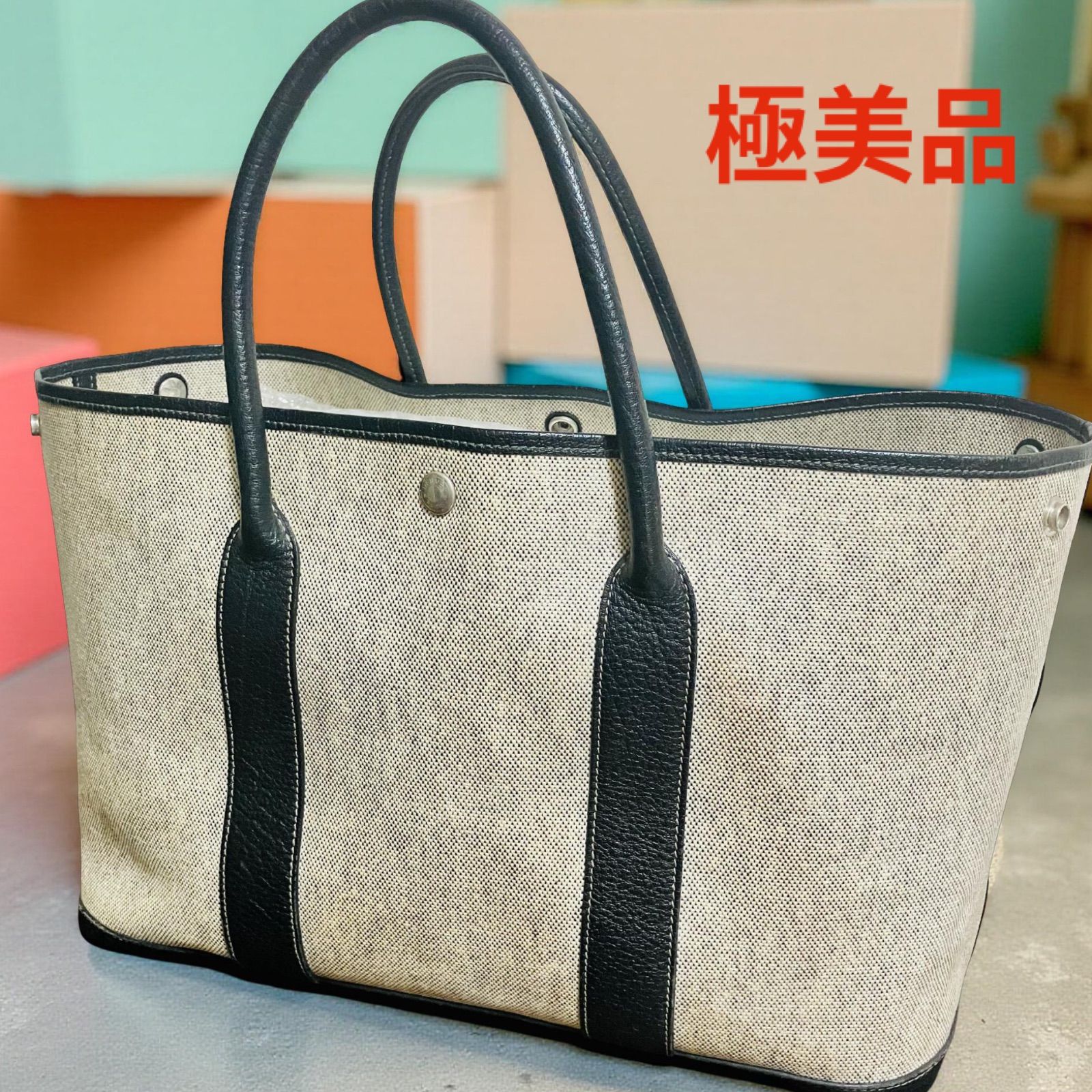 エルメス ガーデンパーティ PM トートバッグ アイボリー×ブラック T 