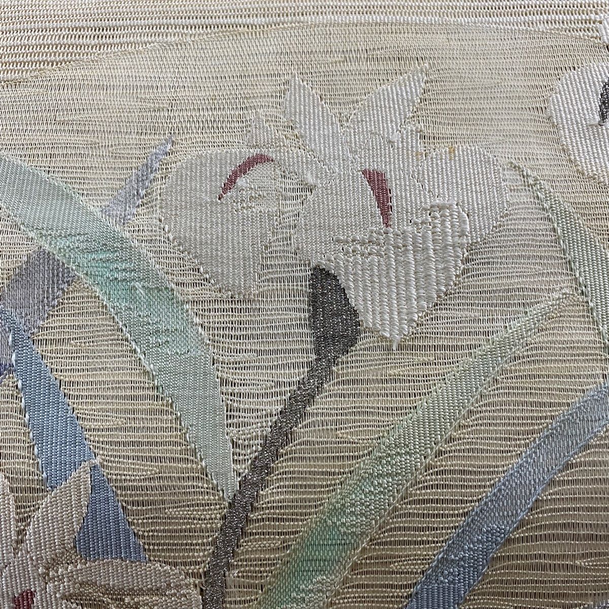 帯2180 ●高級 正絹 夏帯 松葉仕立て 名古屋 名古屋帯 秀品 八寸名古屋帯 夏帯 松葉仕立て 草花 扇面 銀糸