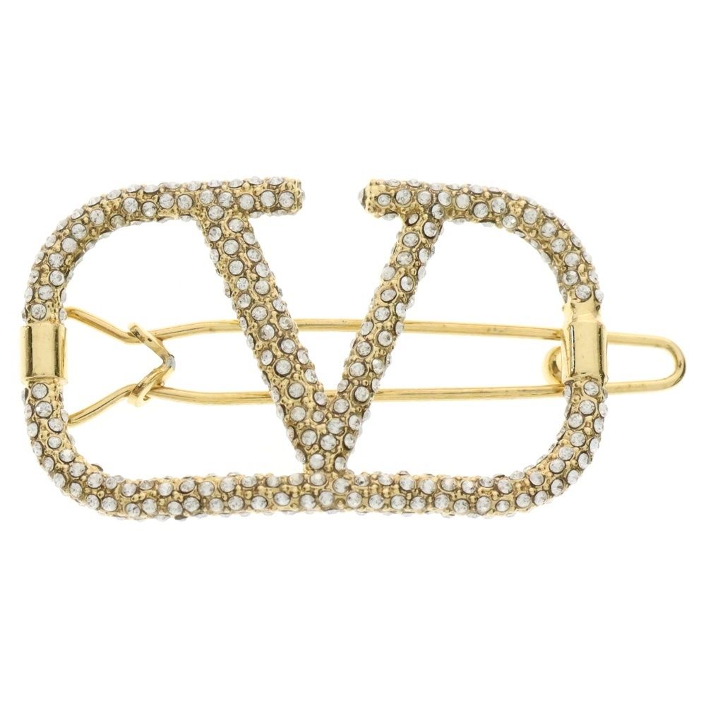 VALENTINO ヴァレンティノ Vロゴ メタル クリスタルビジューヘアクリップ ゴールド レディース