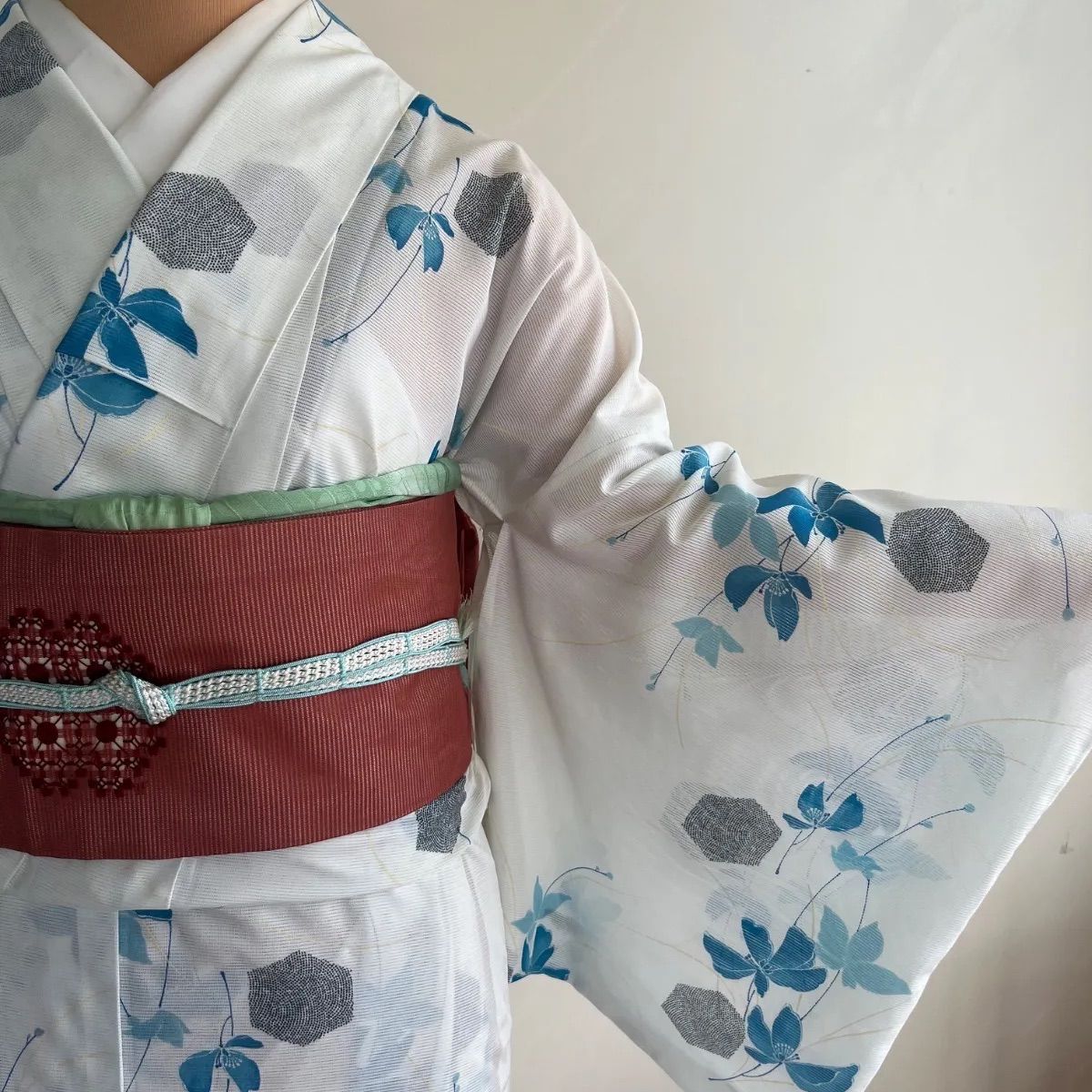 単衣 絽 紗 小紋・帯・帯揚げ・帯締めセット 夏着物 ポリエステル 夏帯 