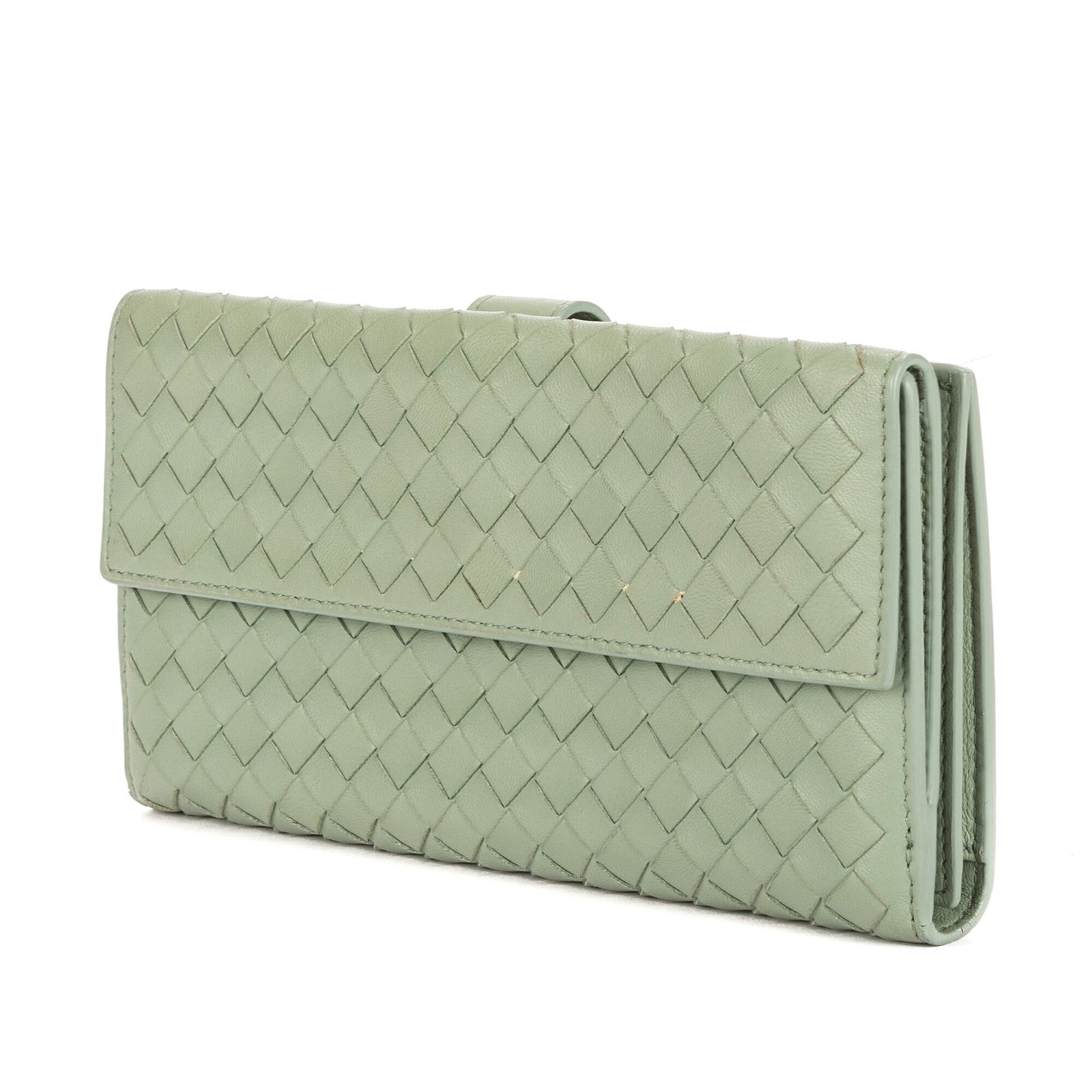 BOTTEGA VENETA ボッテガヴェネタイントレチャート ロングウォレットライトグリーンイントレチャートレザーA