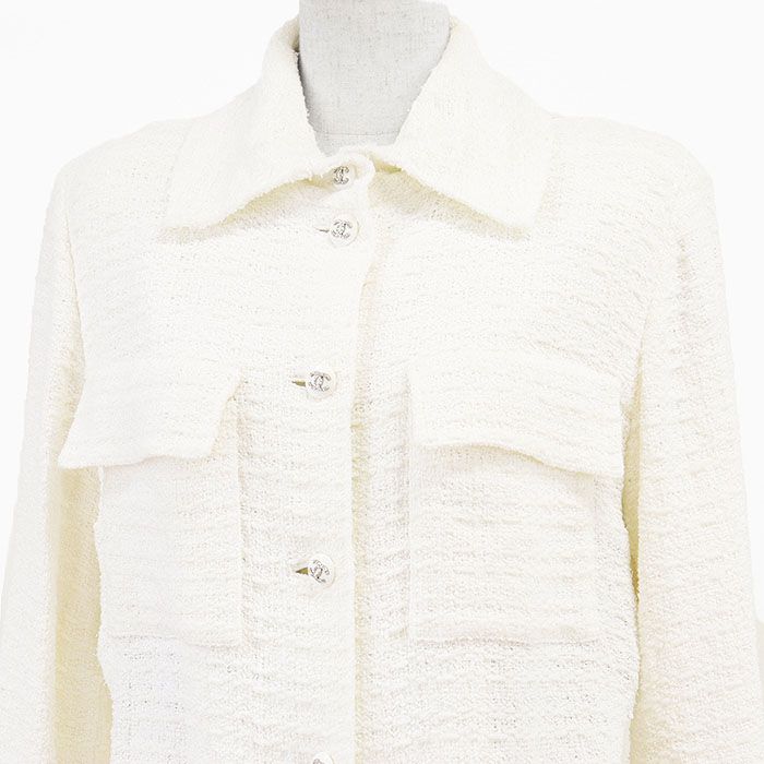 CHANEL シャネル ツイードワンピース COCOマーク ロゴ ボタン コンビネゾン ジャケット スカート シャツ 無地 ドレス ハンガー付属 レディース サイズ 36 アイボリー フランス製 ヴィルジニー ヴィアール期