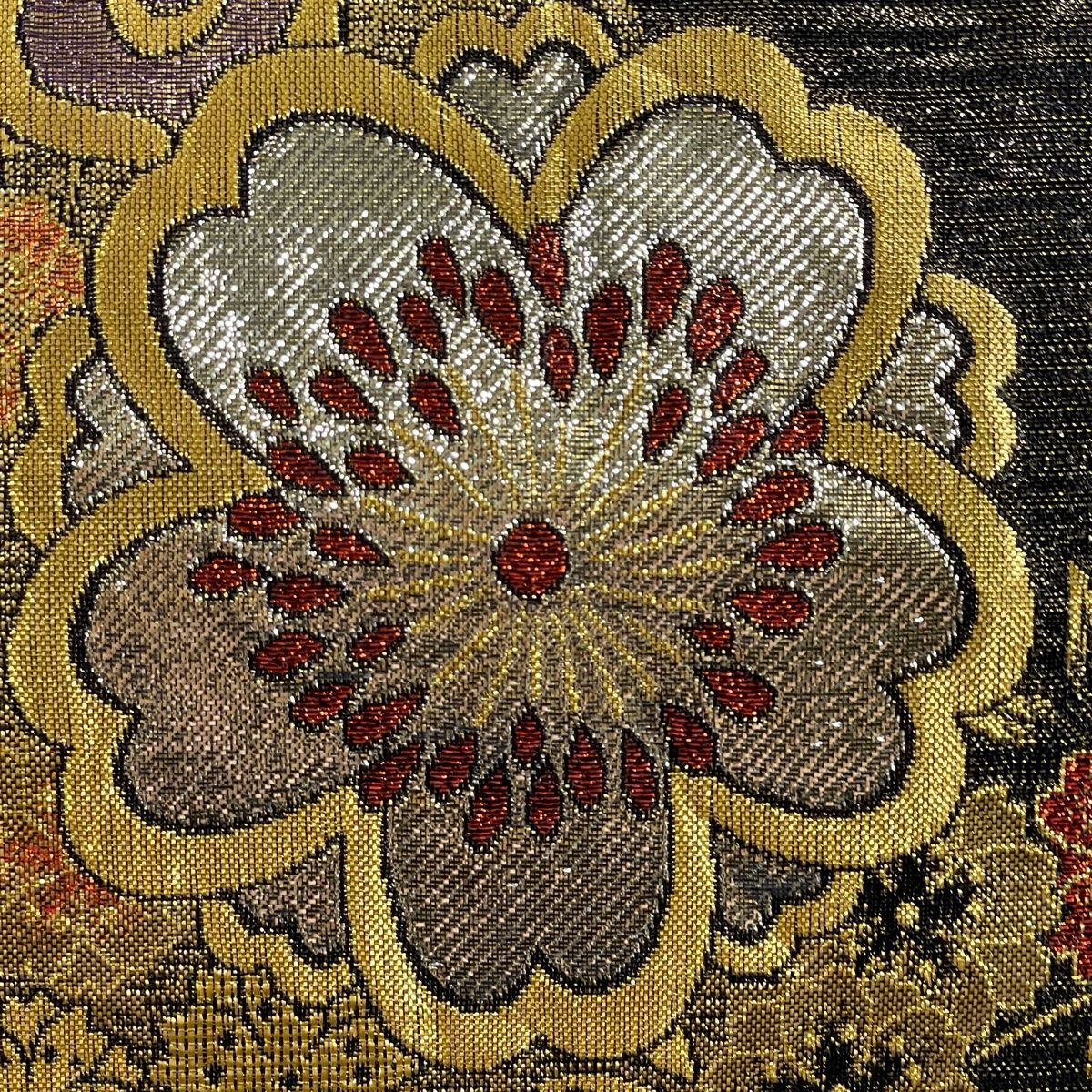 袋帯 美品 秀品 振袖向き 桜 鈍く 雪輪 金糸 唐織 金色 六通 正絹 