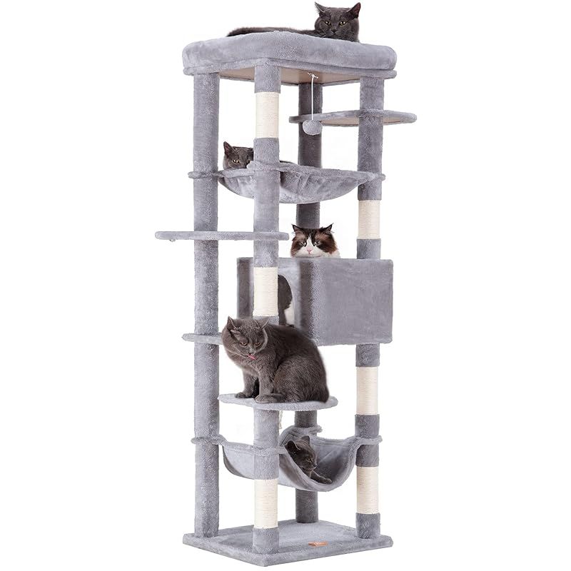 Heybly キャットタワー 大型猫用 多頭飼い向け 超スリム 据え置き型 省スペース 大型ハンモック 大型見晴らし台 キャットハウス 多頭飼いの家庭向け 高さ176cm ライトグレー HCT031W 1