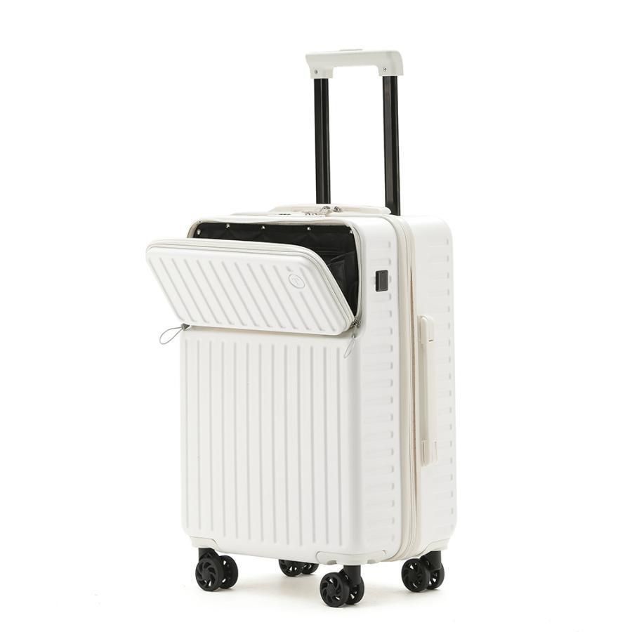 スーツケース フロントオープン ドリンクホルダー付 USBポート付き 機内持ち込み S M L サイズ ダブルファスナー 静音 小型 軽量 旅行 出張