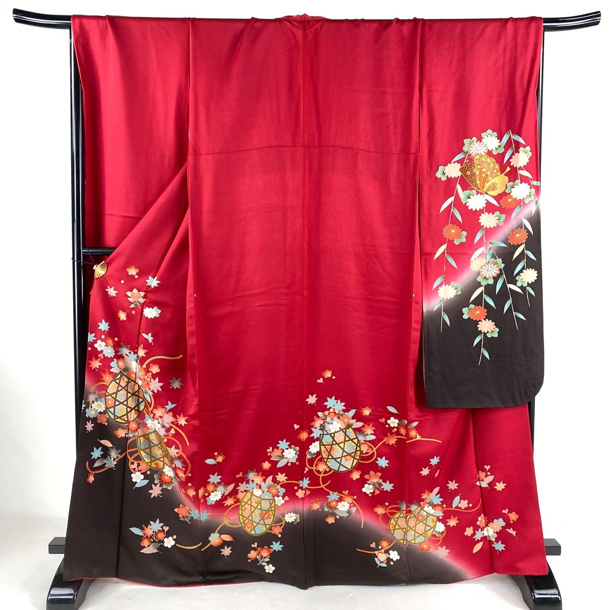振袖 身丈167.5cm 裄丈70cm L 袷 花籠 楓 金彩 染め分け 赤 正絹 秀品