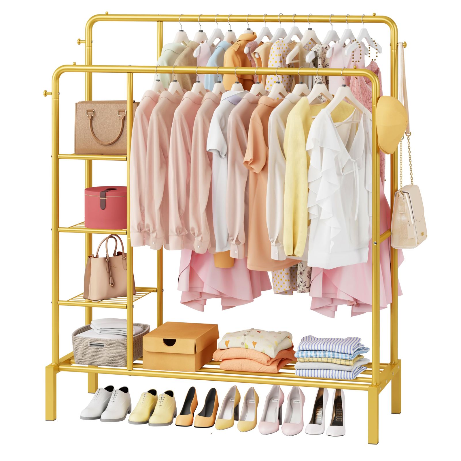耐久耐荷重 衣類収納 洋服ハンガー かんたん組み立て 164*120*52CM おしゃれ ハンガーラック ハンガーラック 自立型 ゴールド 拡大頑丈大容量収納パイプハンガーラック 双極單層-サイド棚付き 