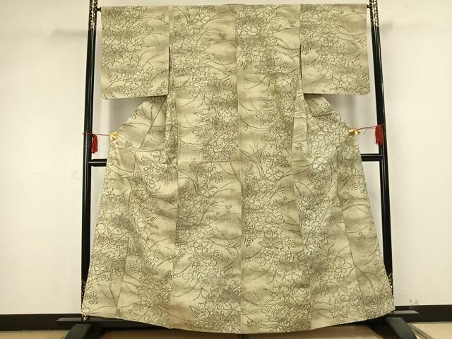 平和屋着物 上質な紬 単衣 手描き 草花文 正絹 AABB2190fy