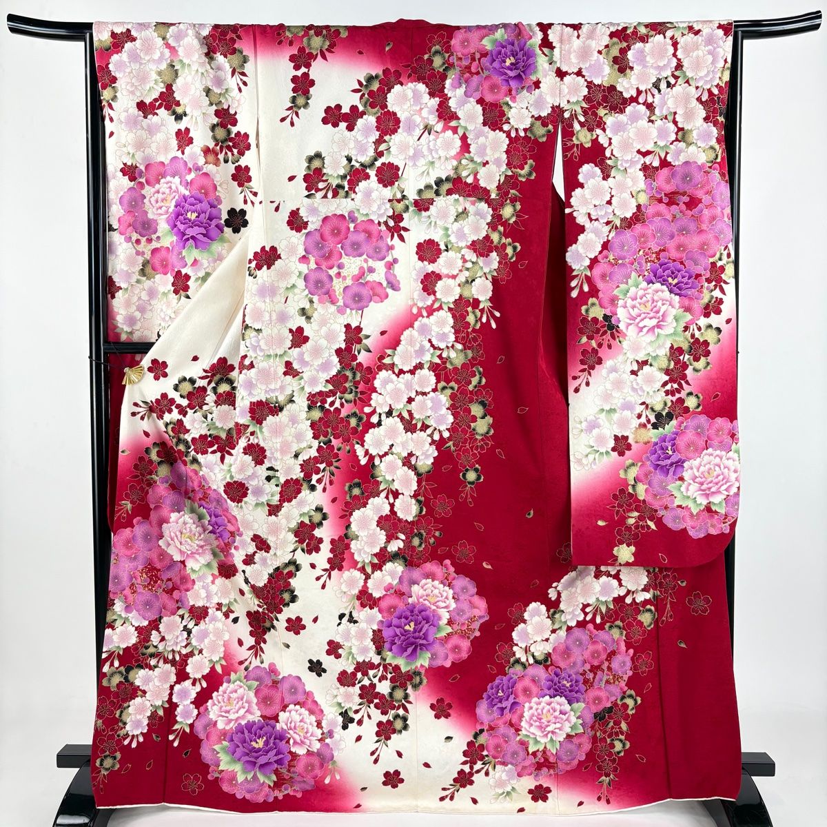 振袖 身丈170cm 裄丈67cm M 袷 牡丹 桜 箔 金彩 赤 正絹 名品