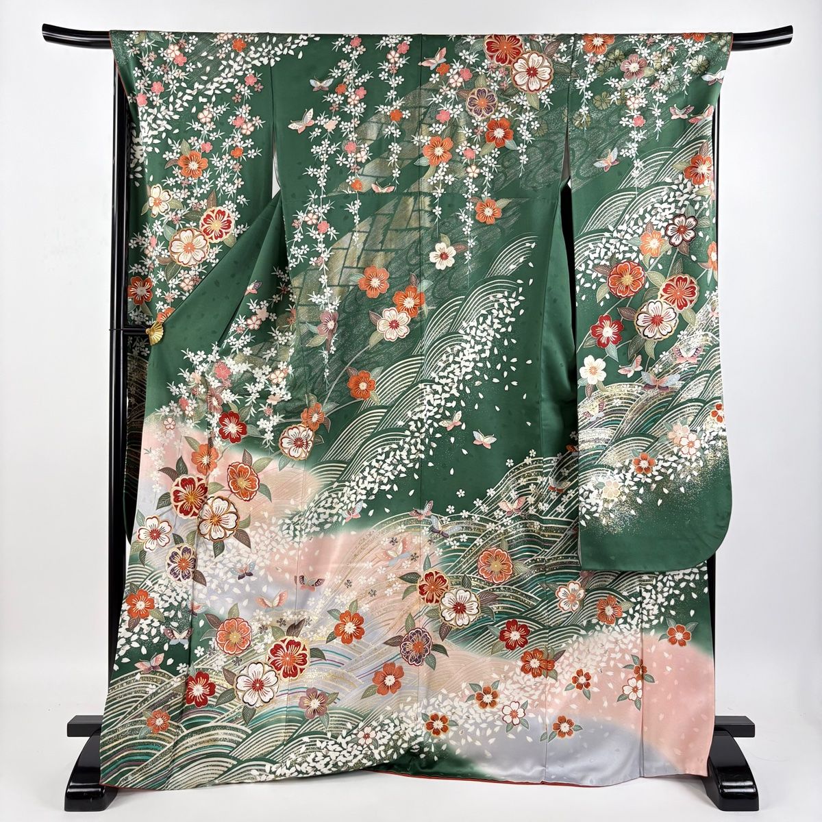 振袖 身丈172cm 裄丈68.5cm L 袷 蝶 桜 金糸 金銀彩 緑 正絹