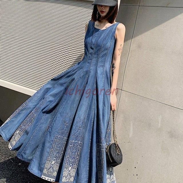 デニム ロングワンピース 大きいサイズ デニム ワンピース 夏 フ スカート マキシワンピース Aライン 刺繍 ロング丈 3L 4L レディース