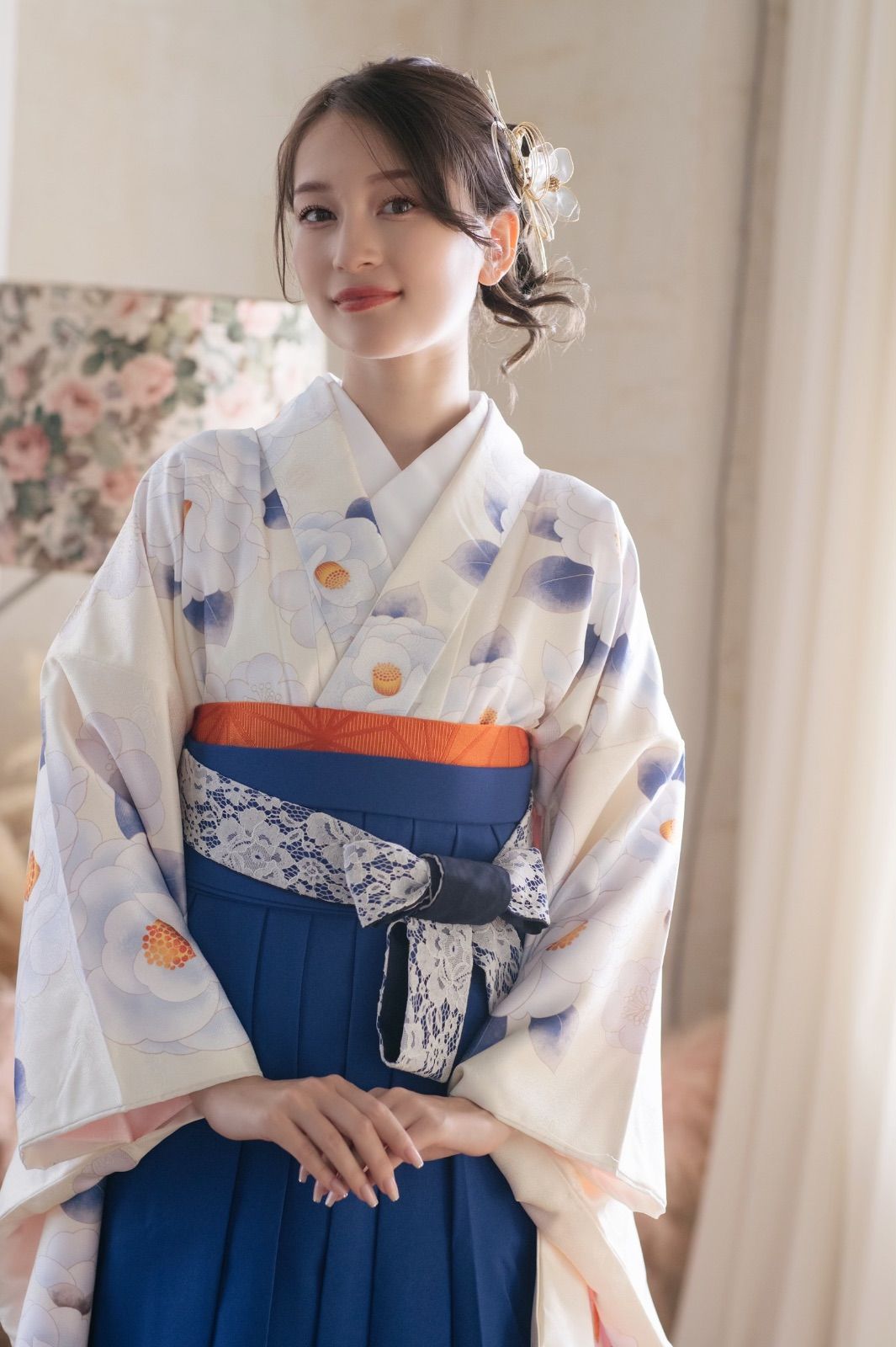 着物ジェンヌ 卒業式袴3点セット 二尺袖 クリーム 青 椿 レース袴 袴 