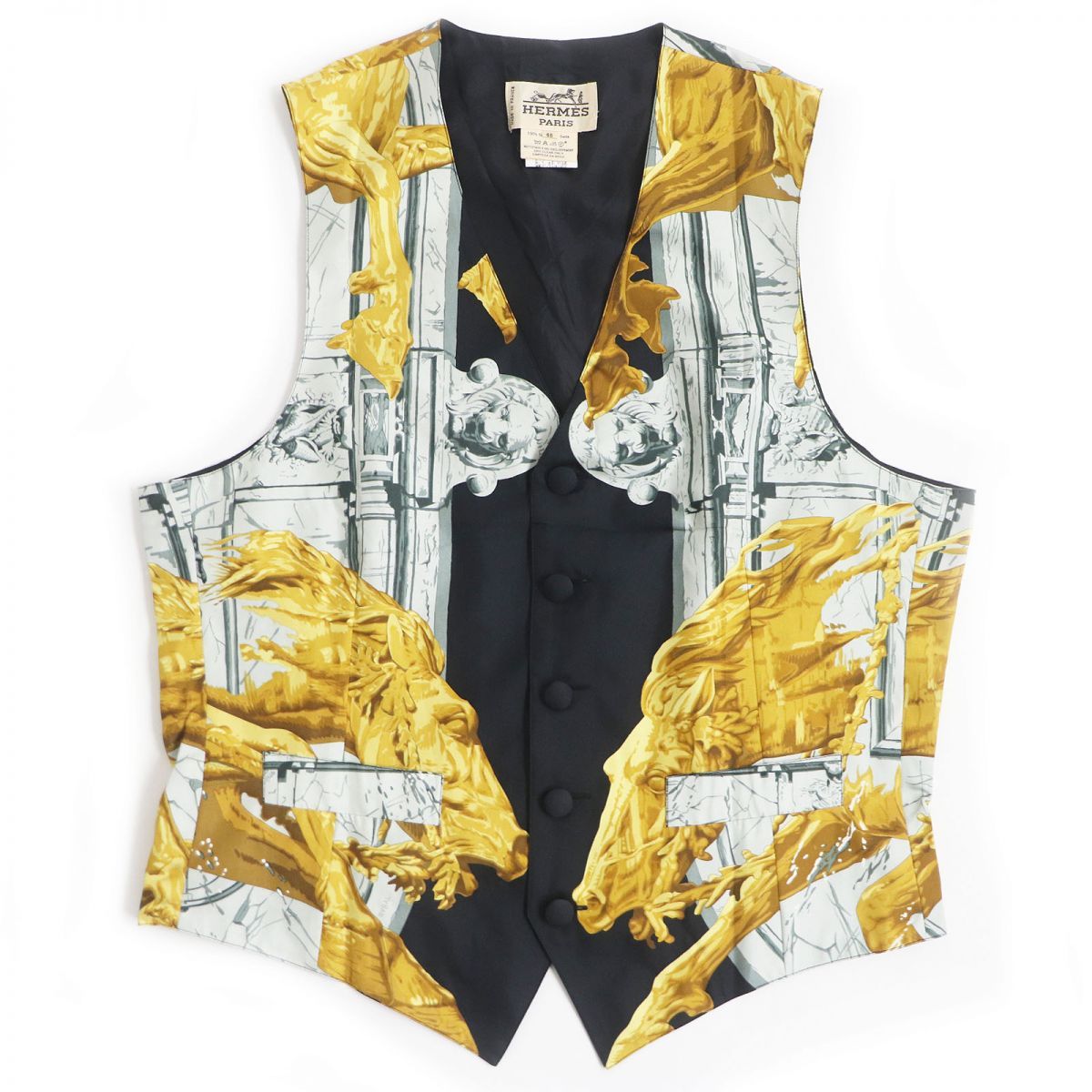 極美品 HERMES/エルメス LA FONTAINE DE BARTHOLDI バルトルディの泉 シルク100％ ベスト/ジレ マルチカラー