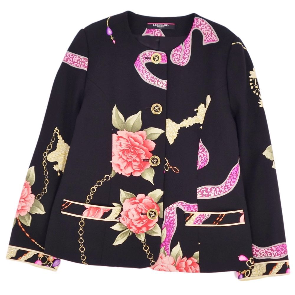 極美品 レオナール LEONARD FASHION ジャケット ノーカラー 花柄