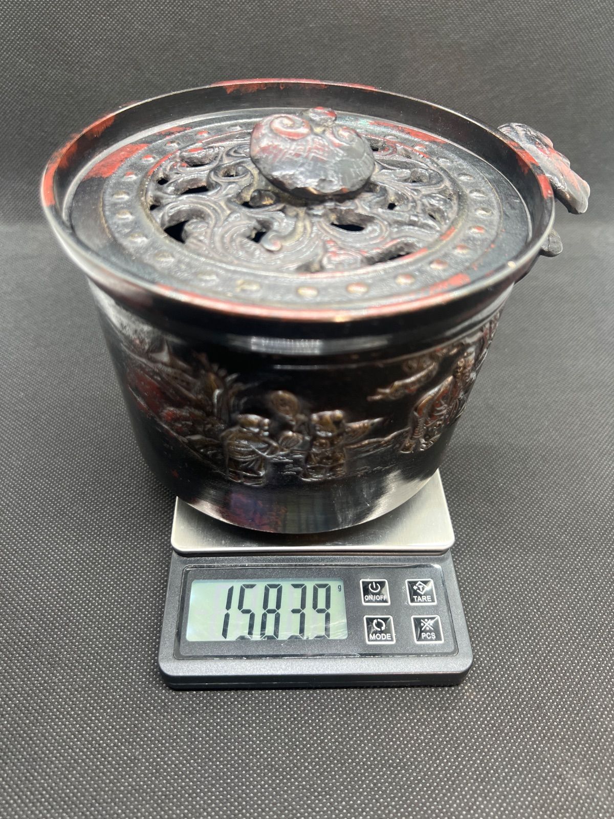 3代目本間琢斎造 斑紫銅霊芝耳摘漢詩唐子遊戯図建水 佐渡銅器 茶道具茶