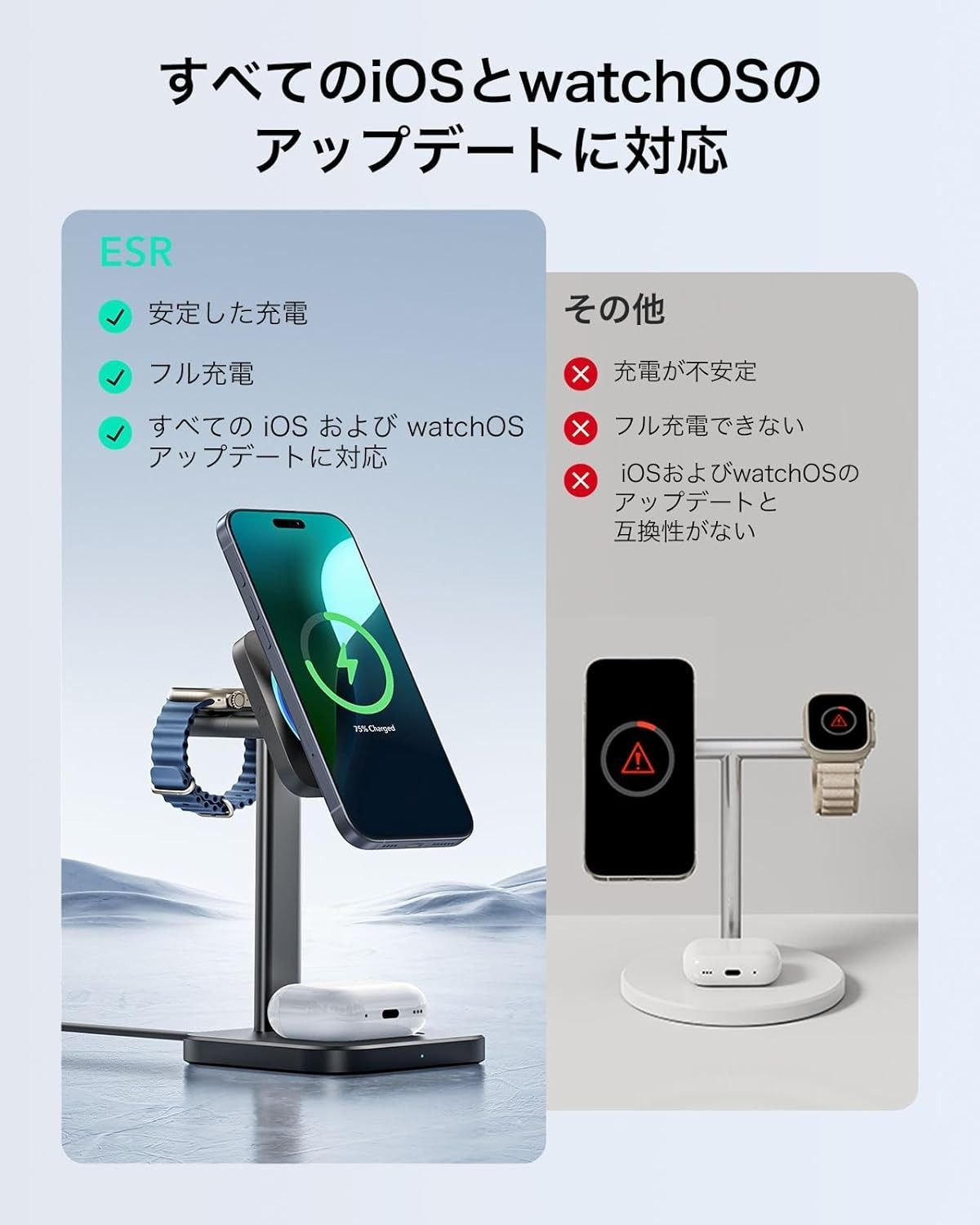 ESR Qi2 3 in 1 ワイヤレス充電器（CryoBoost搭載) Apple認定Watch充電器&15W Qi2 Magsafe充電器（iPhone用）スマホ冷却ワイヤレス充電器 iPhone 16/15/14/13シリーズ用 アップルウォッチAir