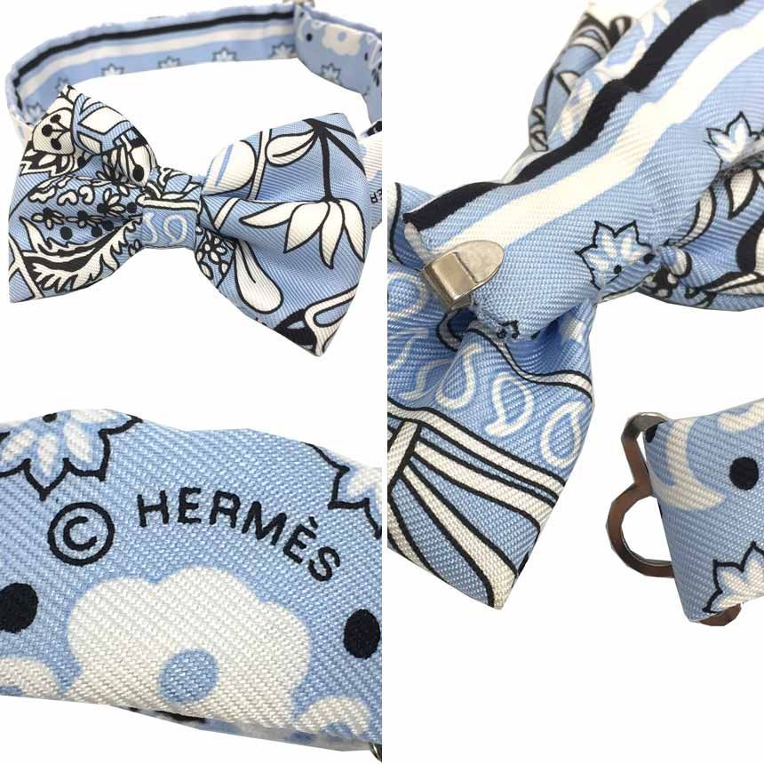 未使用 HERMES エルメス ヌー・パピヨン 蝶ネクタイ 花咲く織物 水色