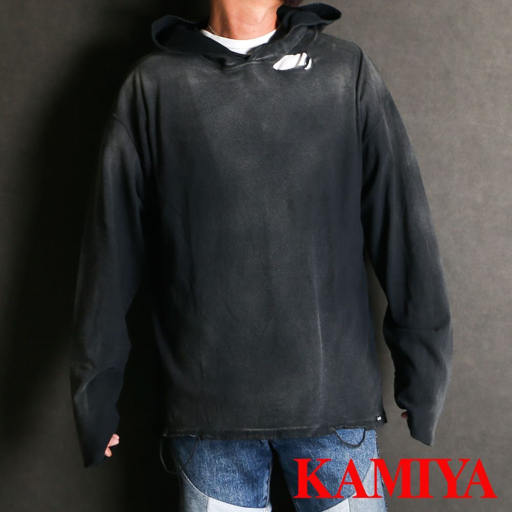KAMIYA|カミヤ Distressed Light Weight Hoodie - BLACK | ライトウエイト フーディー | G15HD089 送料無料