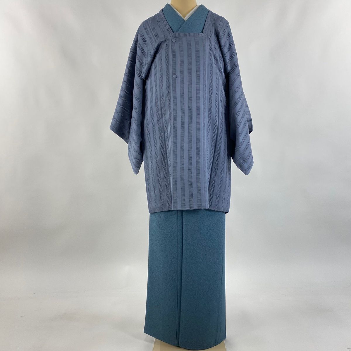 道行 身丈87.5cm 裄丈62cm S 和装コート 角衿 縦縞 青灰色 正絹 秀品