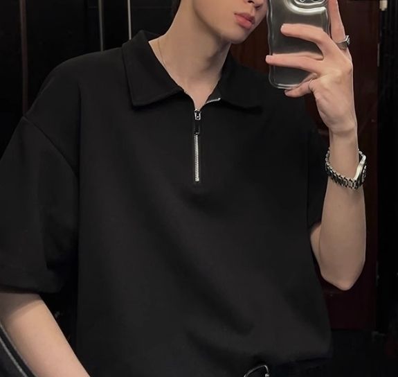 Tシャツ ハーフジップ シンプル 半袖 ユニセックス 3色 韓国