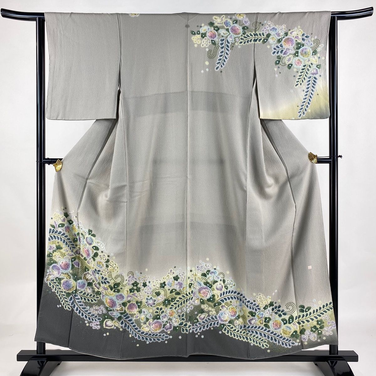 訪問着 身丈156cm 裄丈62.5cm S 袷 落款 辻が花柄 ぼかし 灰色 正絹 名品 一つ紋