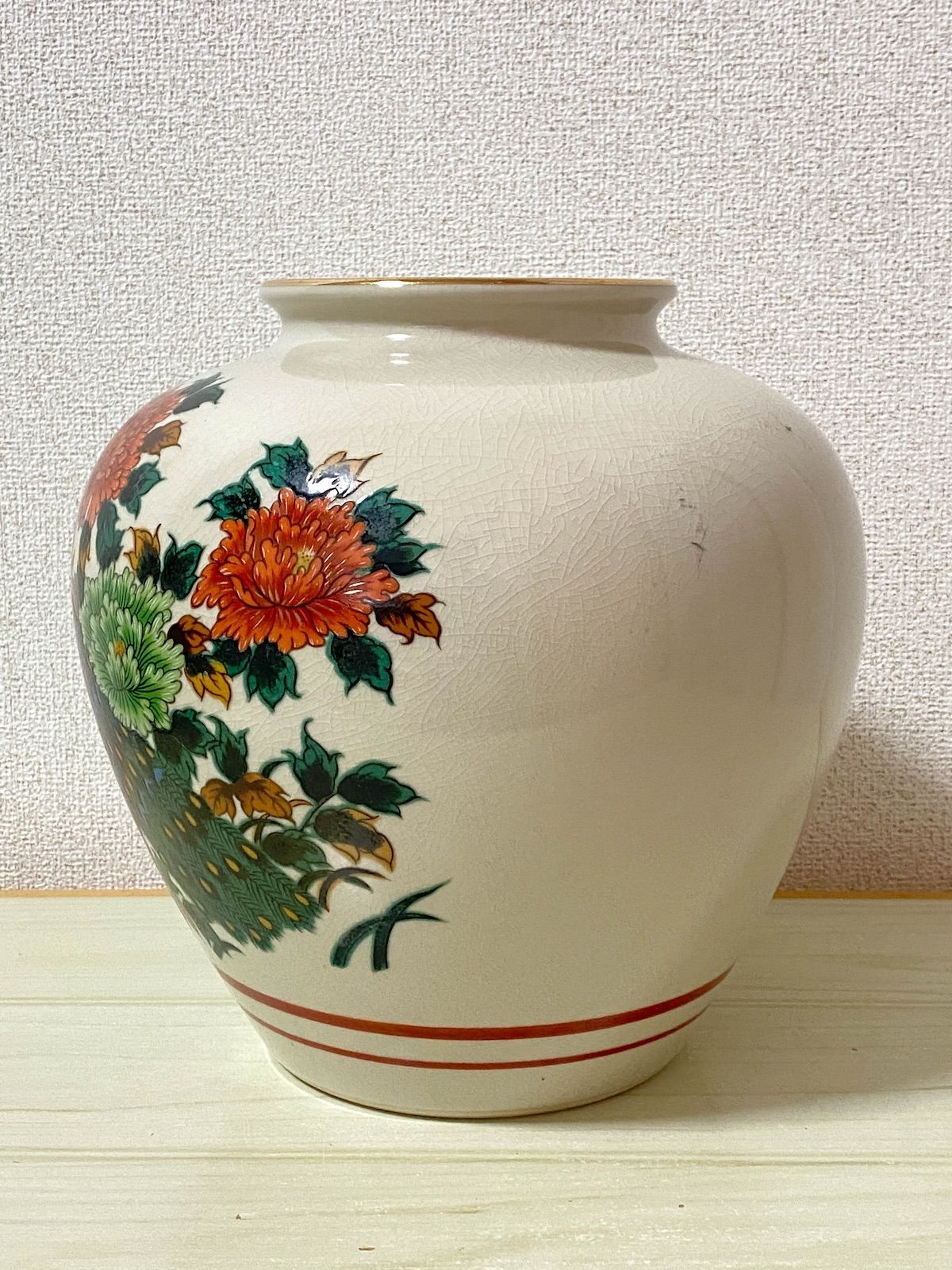 KK162】九谷焼 龍仙 作 花瓶 花鳥図 直径約24cm 高さ約24cm 重さ2.1kg