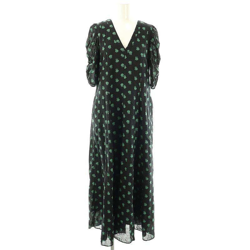ヌキテパ NE QUITTEZ PAS! 23SS Cotton Dobby Stripe Flower Print Dress ドレス ワンピース ロング 五分袖 ブラック グリーン |DO OS