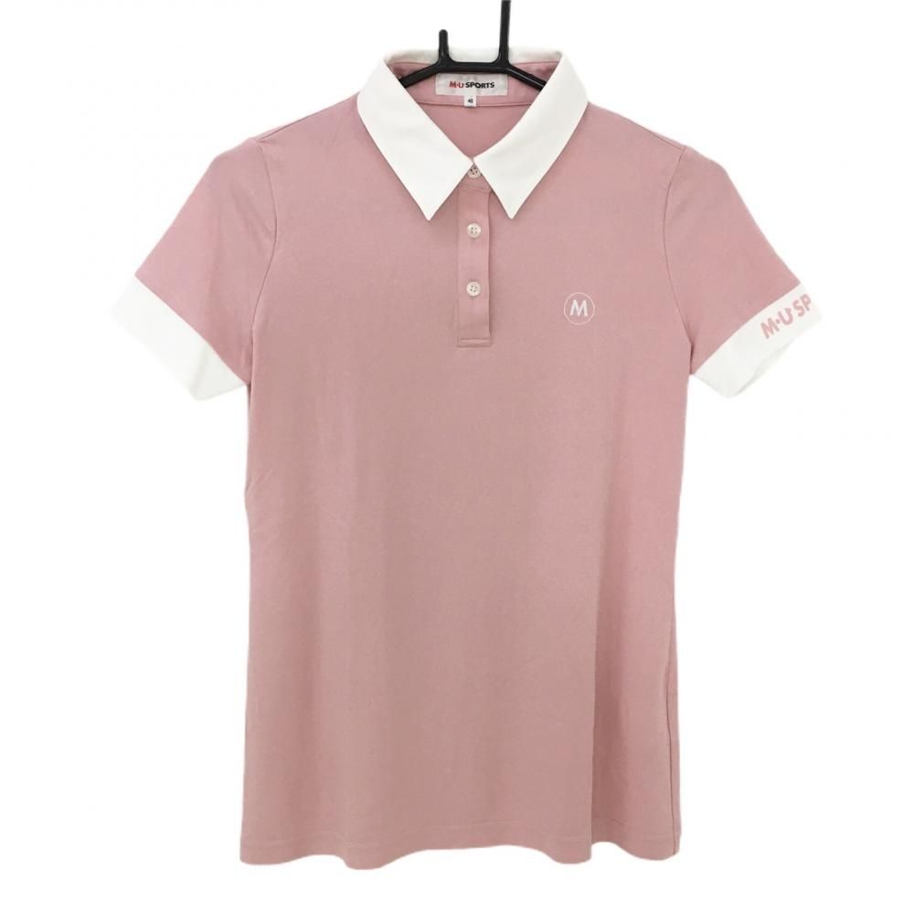 【超美品】MUスポーツ 半袖ポロシャツ ピンク×白 袖プリントロゴ  レディース 40(M) ゴルフウェア M・U SPORTS