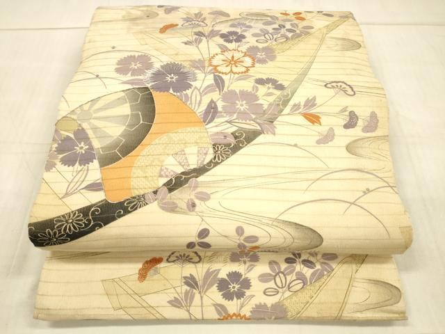 平和屋着物＊夏物 アンティーク 大正ロマン 丸帯 駒刺繍 流水草花舟文 正絹 DAAW4516cm