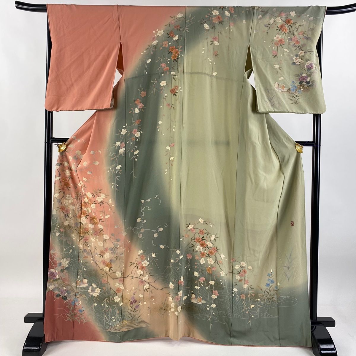 訪問着 身丈166cm 裄丈68cm L 袷 落款 桜 鴛鴦 金銀彩 染め分け サーモンピンク 正絹 秀品