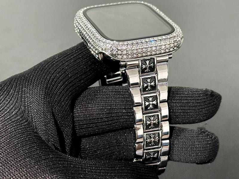 シルバー Apple Watchメタルバンド glassパヴェカバー アップルウォッチ ステンレスベルト クロスデザイン リンクブレスレット 画面保護ケース キラキラ メッキ 41mm42mm44mm45mm46mm49mm ultra ウルトラ