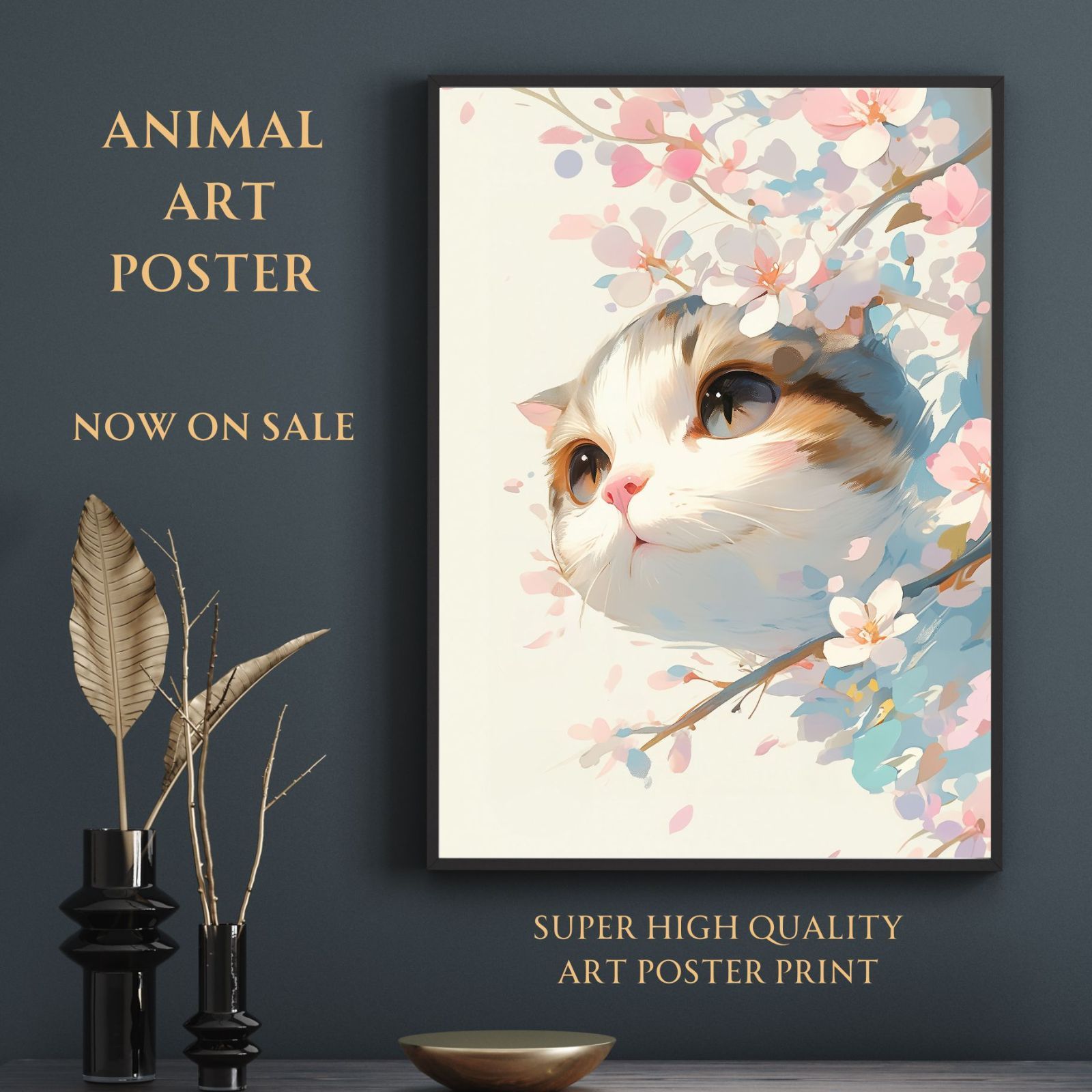 桜猫戯舞 - スコティッシュフォールド No.1 桜 花見 春 花びら 子猫 猫 キャット ペットロス うちの子 記念日 アートポスター 犬の絵 犬のイラスト ギフト プレゼント