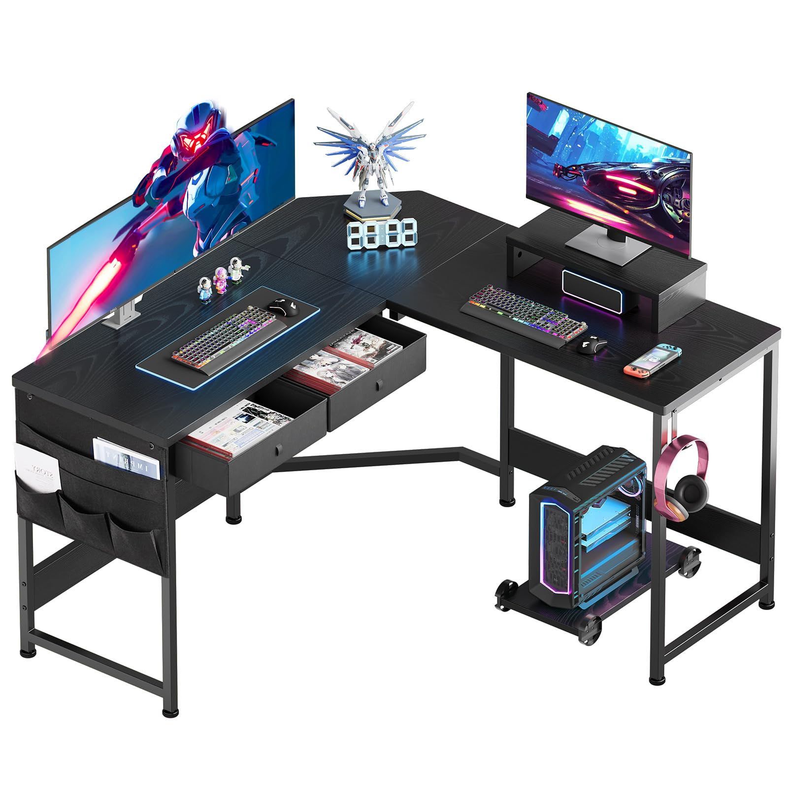 【在庫セール】125cm ゲーミングテーブル 125cm pcデスク収納袋付き学習机 x computer l字デスク desk 机 作業机 gaming パソコンデスク desk ゲーミングデスク 引き出し付きデスク YeTom 黑い