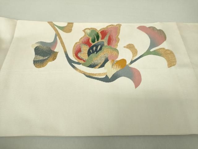 平和屋着物○爪掻き本綴れ 八寸名古屋帯 色紙重ね群鶴花文 白鼠色 金