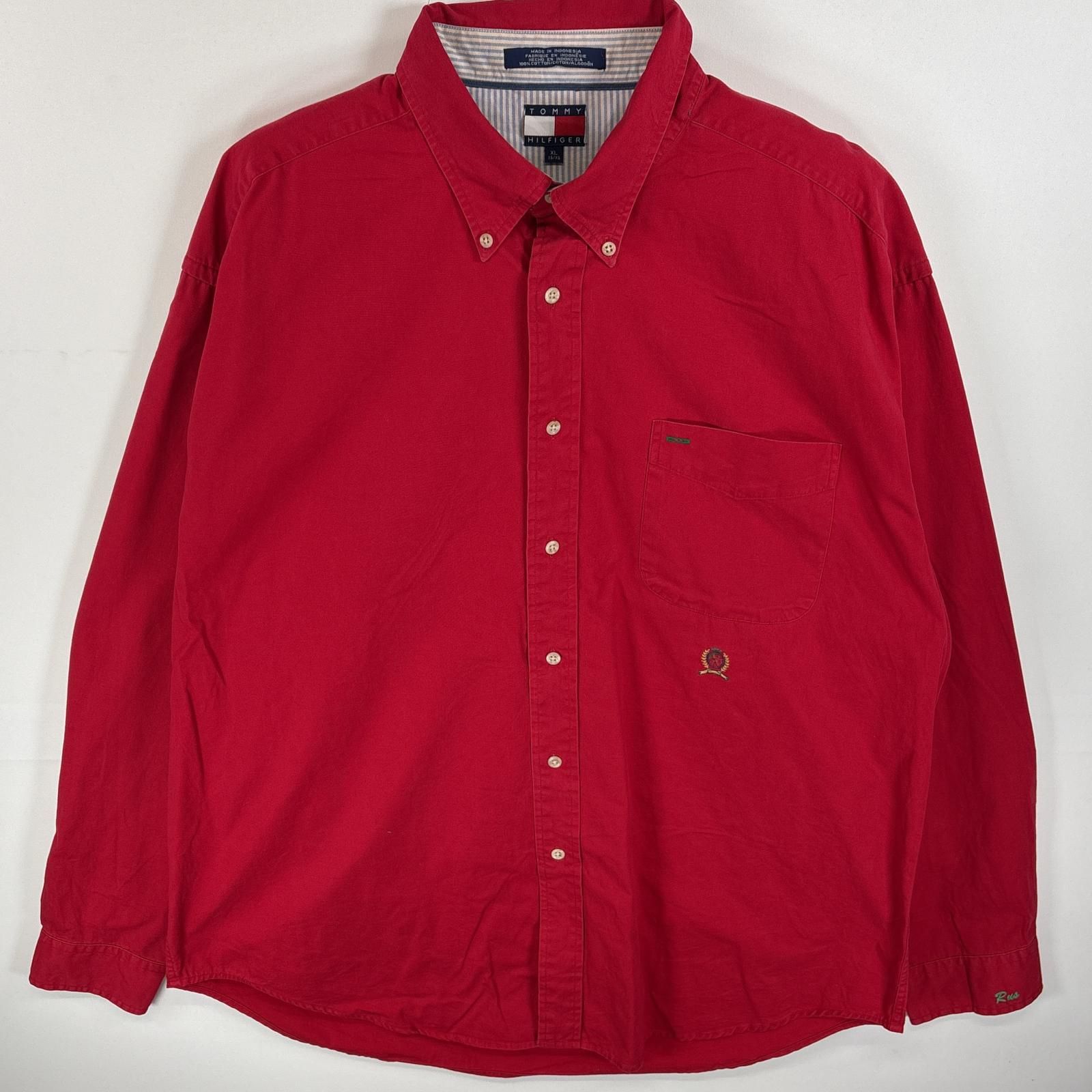 古着 90's/90年代 トミーヒルフィガー TOMMY HILFIGER 長袖シャツ ボタンダウンシャツ ワンポイント 刺繍 ロゴ 厚手 XL  レッド 無地 メンズ