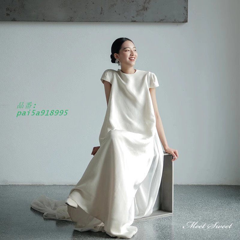 ウェディングドレス ロングドレス スレンダーライン 半袖 シンプル 韓国風 結婚式 ウエディングドレス ブライダル サテン 前撮り 挙式 二次会 花嫁 pai5a918995