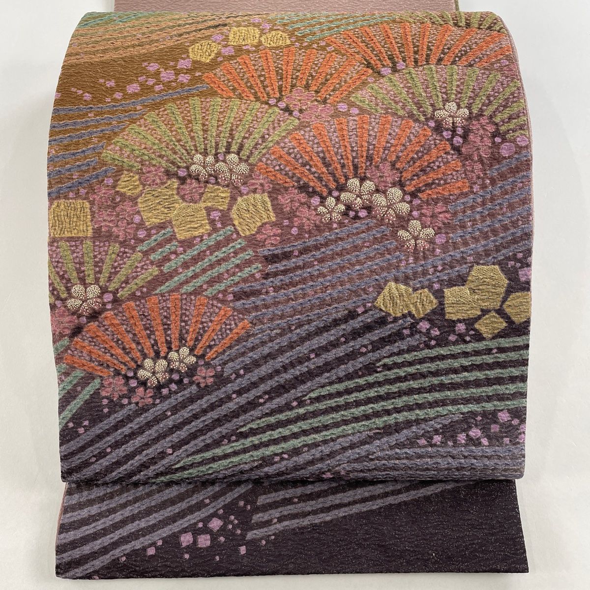 袋帯 美品 逸品 滝泰 落款 若松 絞り 銀通し 茶紫 お太鼓柄 正絹  