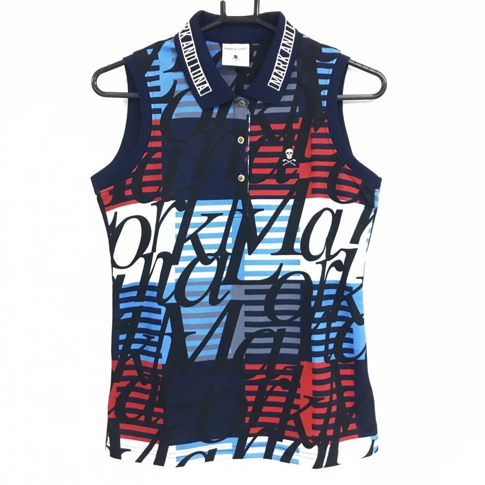 マークアンドロナ ノースリーブポロシャツ ネイビー×レッド×ライトブルー ボーダー レディース 38 M ゴルフウェア MARK＆LONA