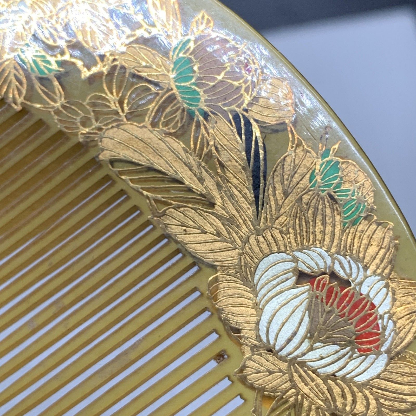 L338 アンティーク 櫛＆簪セット 金箔べっこう色 花柄 彫金 彩色