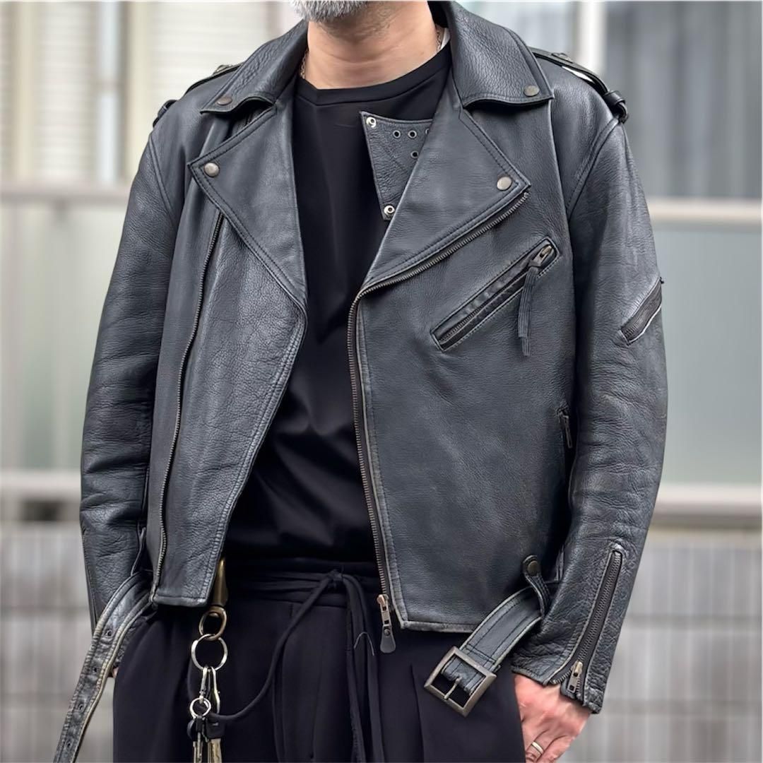 90s ダブル ライダース 牛革 ブラック 黒 ビンテージ フェード 古着 L