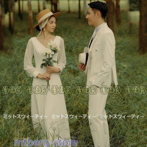 ウェディングドレス ロングドレス 結婚式 ウエディングドレス ハネムーンフォト 二次会 花嫁 前撮り 長袖 体型カバー エレガント