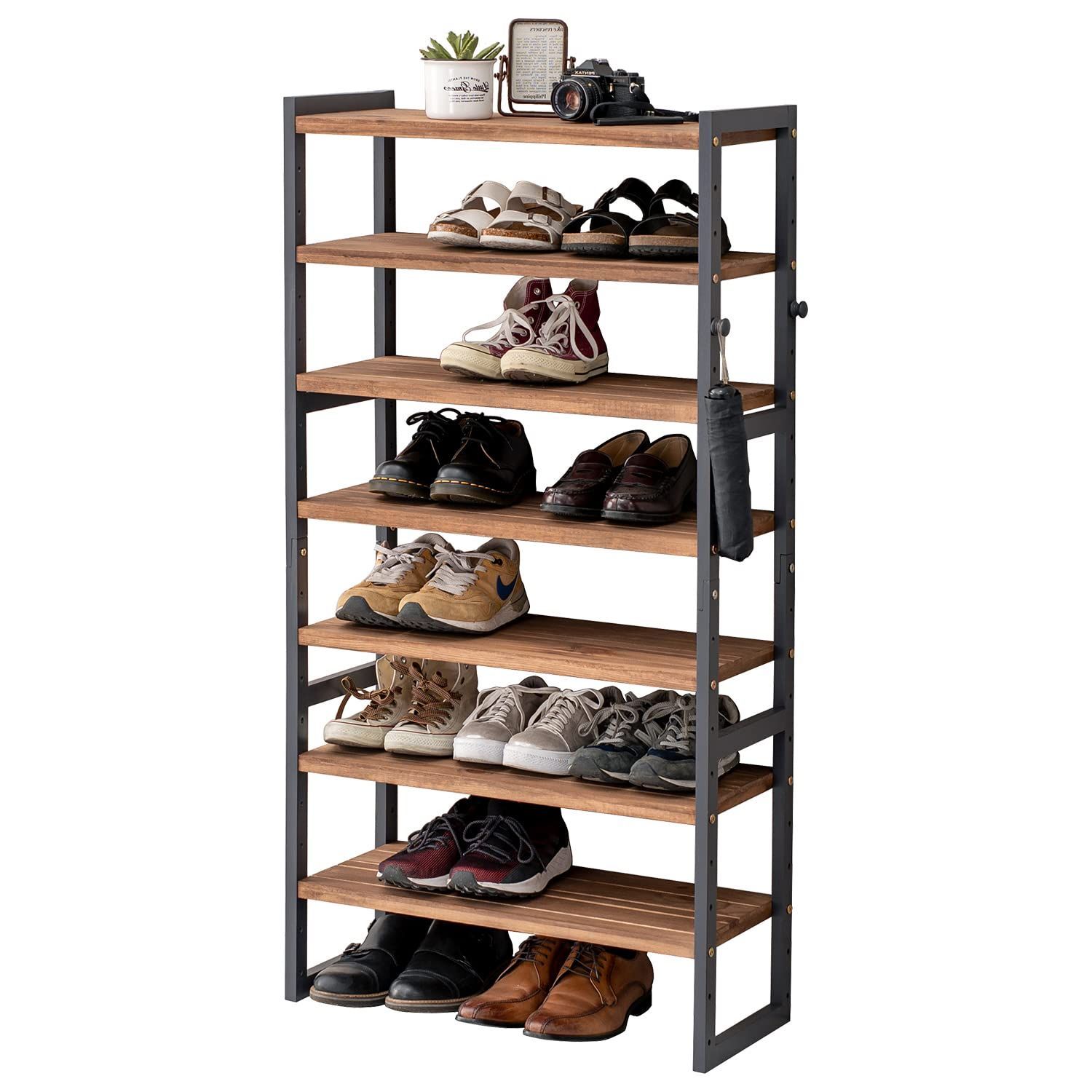 【人気商品】7段 玄関収納 シンプル 下駄箱 幅65 【天然木パイン材使用】木製 奥行28 靴箱 高さ128 ラック ダーク 棚 グレー 靴 黒 シューズラック MSS-6714NDG 萩原